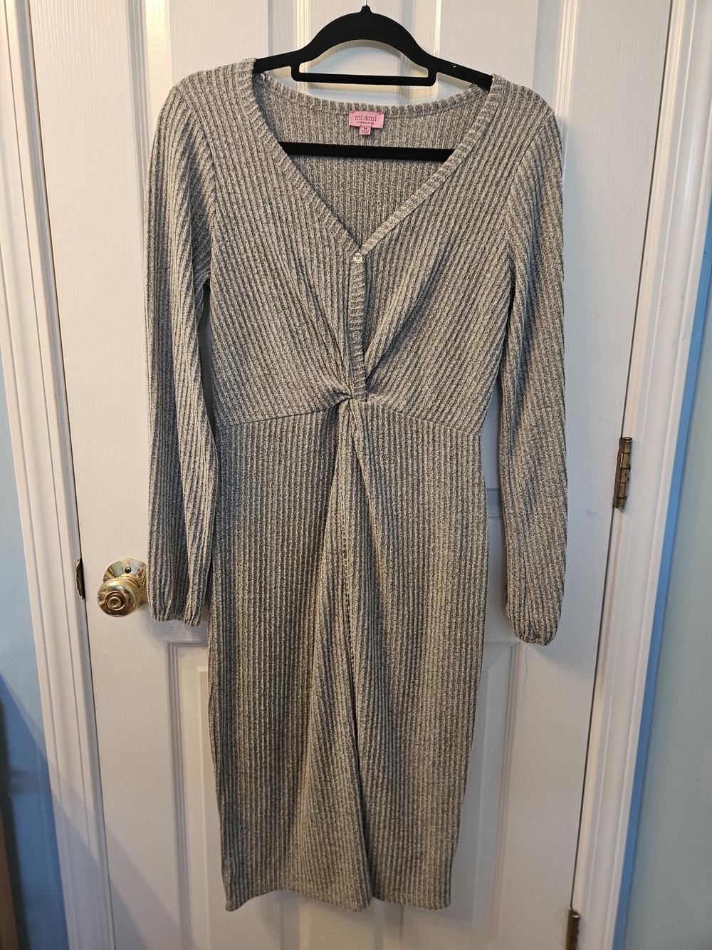 miami Gray Ribbed Twist-Front Long Sleeve Dress